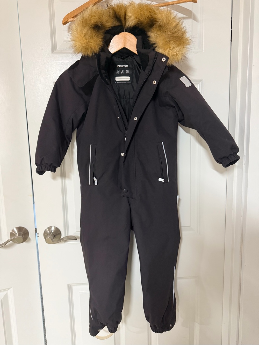 Reima Black Snowsuit One-Piece Waterproof Faux Fur Hood Size 98 (2-3Y)
